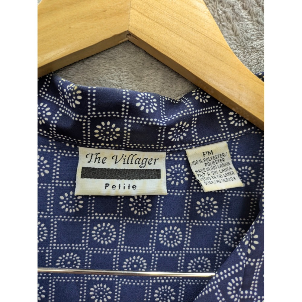 Vintage Aesthetic Button Up Blouse Womens PM Navy Blue Mixed Print Short Sleeve - Picture 2 of 7